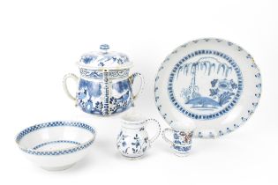 An 18th century British blue and white delft posset pot and cover, London or Bristol, together
