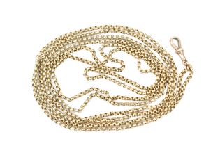 A 9ct gold cable link pocket watch chain/necklace having a single dog clip clasp, 149cm long, 24.1