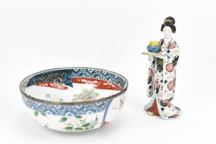 A Japanese Meiji porcelain bowl and model of a bijian, the bowl with English hallmarked silver