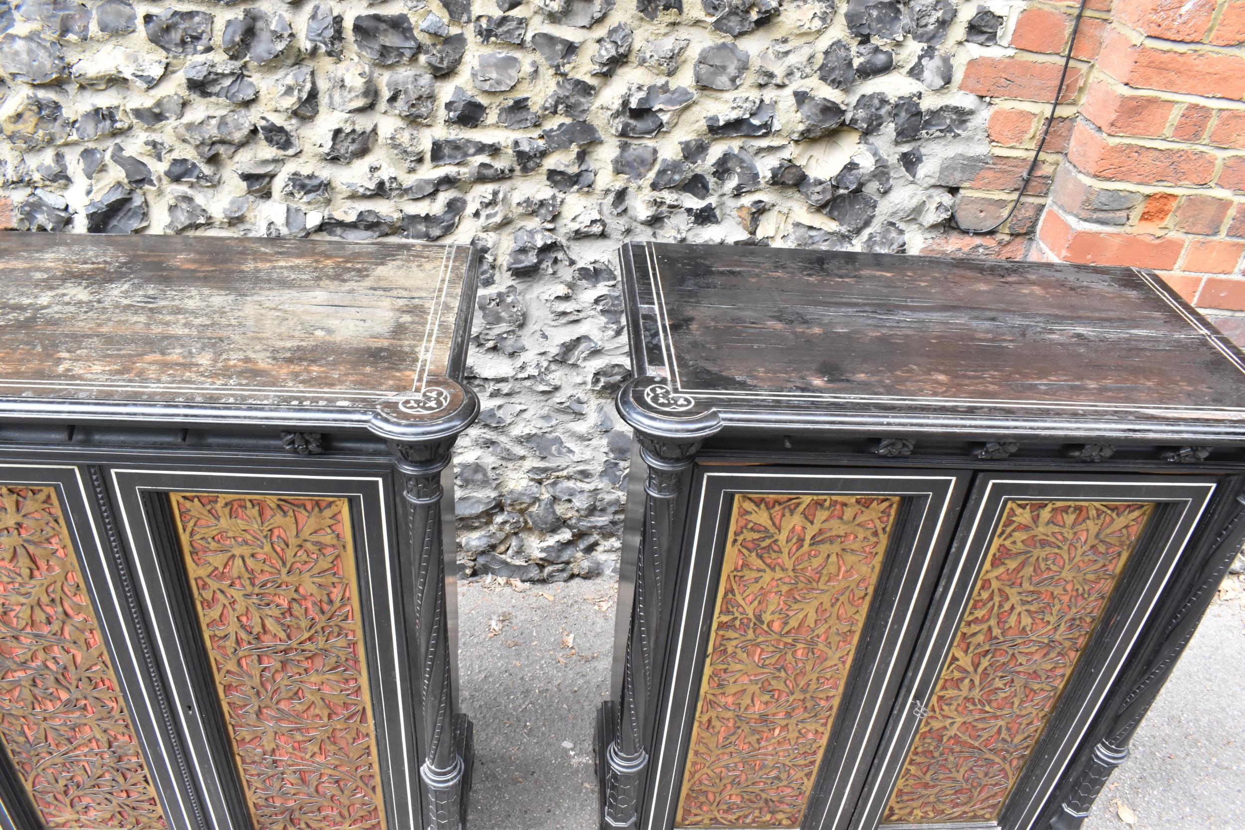 A pair of 19th century Ceylon ebonised, ivory and brass inlaid side cabinets, the rectangular top - Image 6 of 21