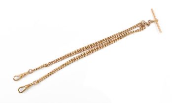 A 9ct gold curb link pocket watch chain having a 9ct T-bar and two dog clip clasps, 37.5cm, 32.7