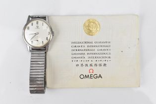 An Omega, manual wind, gents, stainless steel wristwatch, having a silvered dial, subsidiary