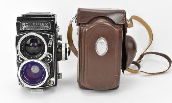 A Rolleiflex Synchro-Compur wide angle TLR camera, in black, 2490041, with Carl Zeiss Distagon 1:4
