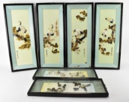 A Set of Four Chinese Hardstone Relief Pictures each depicting birds, framed and glazed, together