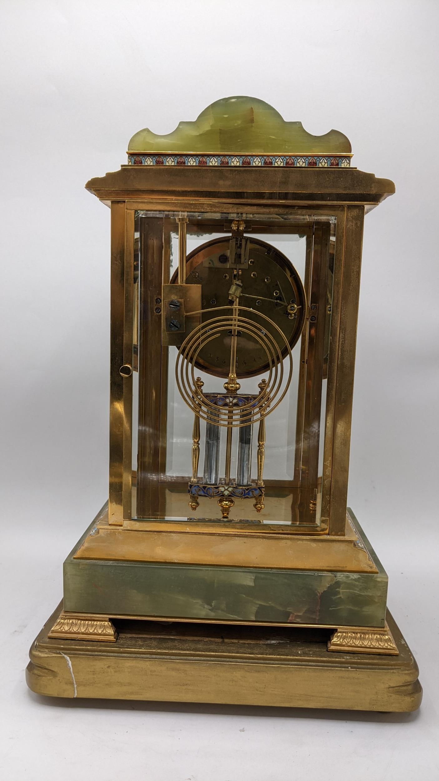A late 19th/early 20th century four glass onyx and cloisonne mantle clock, the case having - Image 4 of 5