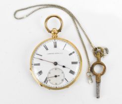 A late 19th/early 20th century 18ct gold open faced fob watch, the white enamel dial having Roman