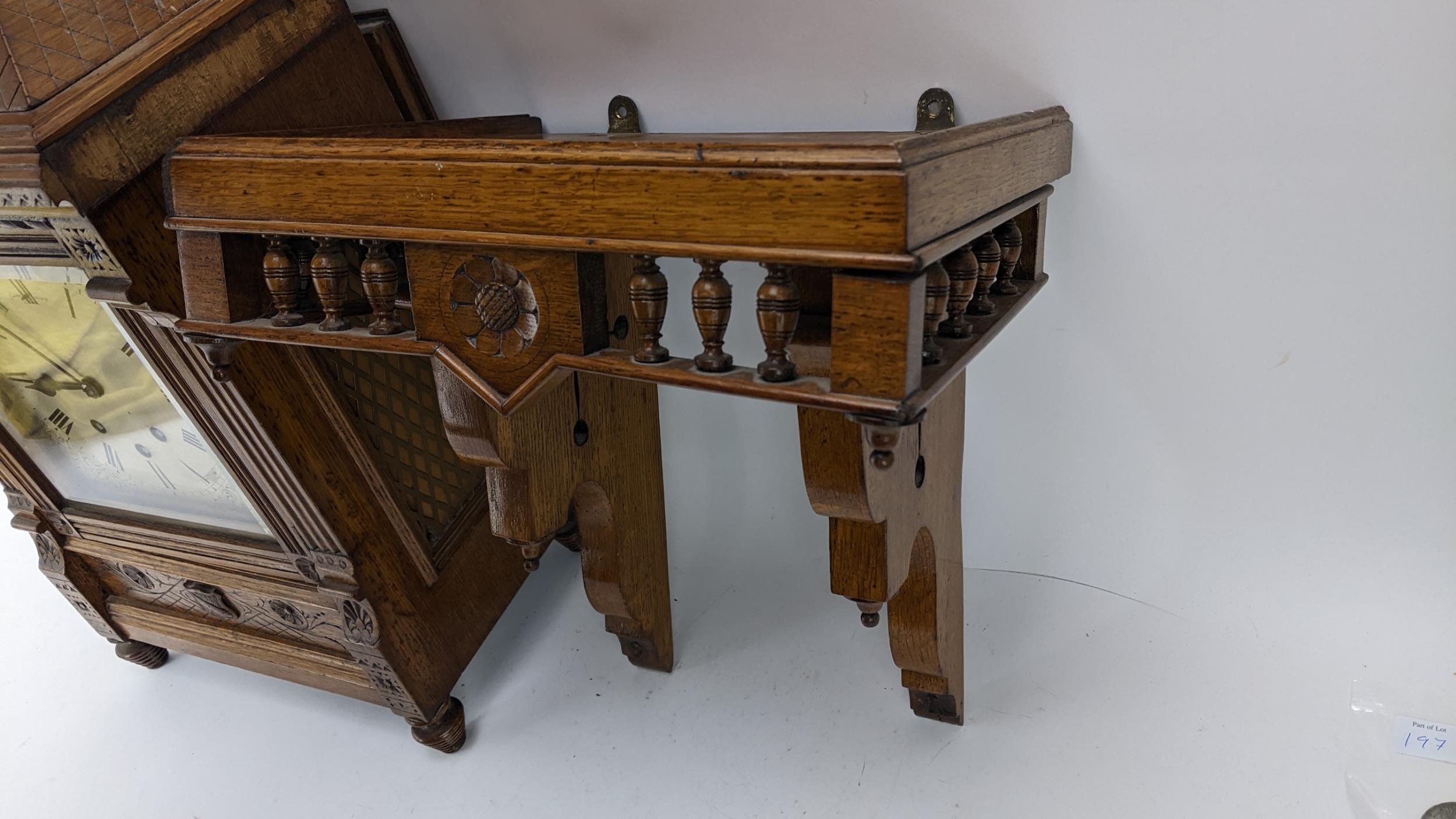 A late 19th century oak bracket clock, the case of architectural design having a handle to the top - Image 2 of 9