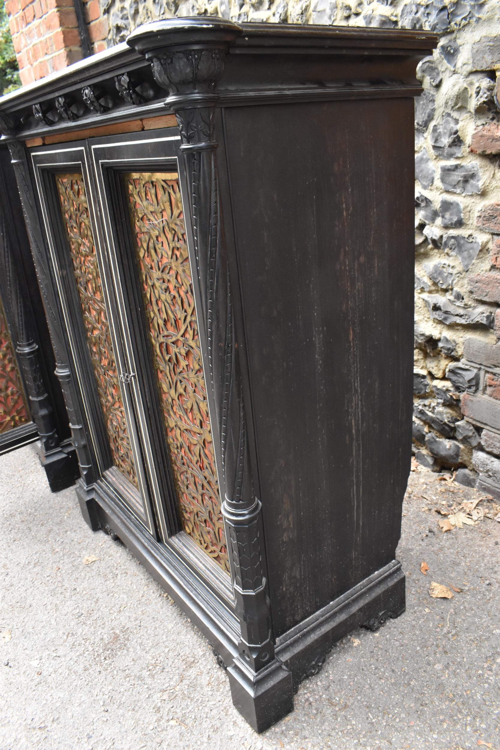 A pair of 19th century Ceylon ebonised, ivory and brass inlaid side cabinets, the rectangular top - Image 14 of 21