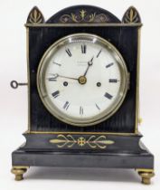 A Regency 8 day mantle clock by Barwise, London, in a lacquered case having gilt metal inlaid and