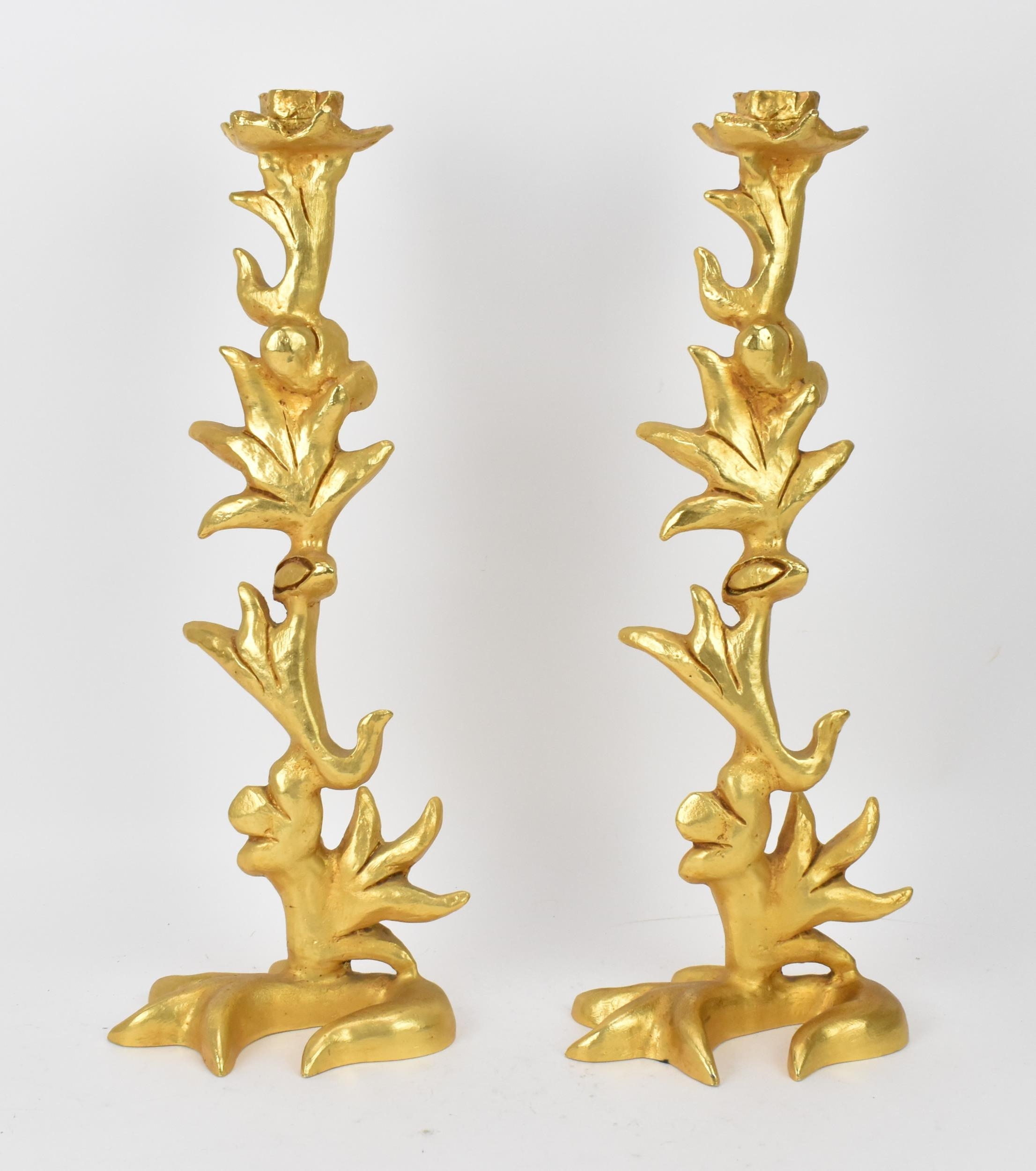 A pair of 1970s gilt-bronze candlesticks by Georges Mathias for Fondica, of naturalistic foliate