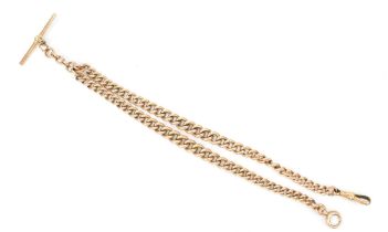 A 9ct gold curb link pocket watch chain having a 9ct T-bar and two dog clip clasps, 37.5cm, 43.3