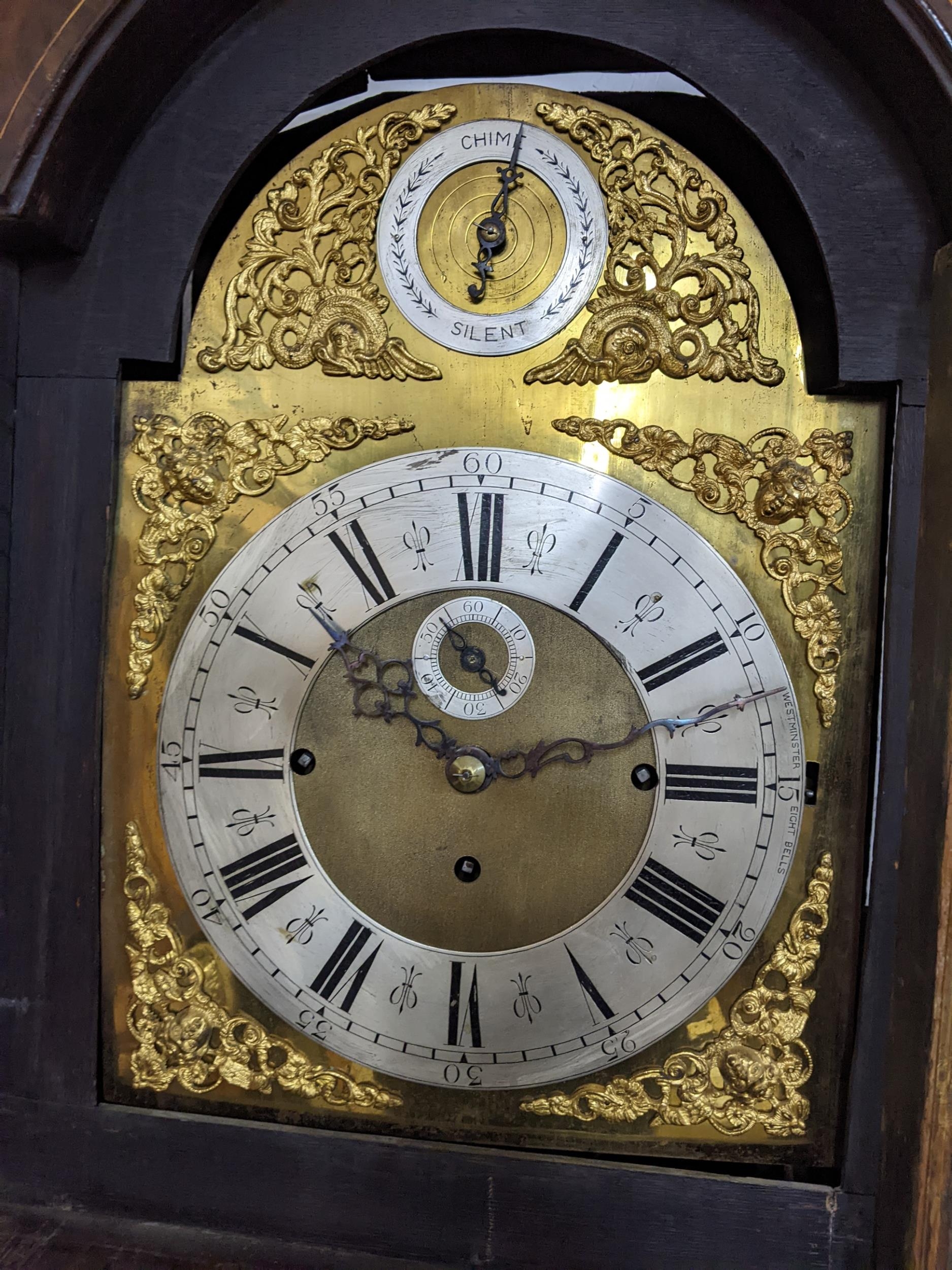A George III mahogany musical longcase clock, the case having a broken swan neck pediment, marquetry - Image 2 of 10
