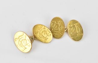 A pair of Victorian 15ct yellow gold cufflinks, of oval form with engraved monogram, fully