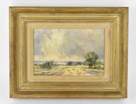 Roy Petley, (b.1950) British 'A break in the clouds, Norfolk', oil on board, 14 cm x 21 cm, within a