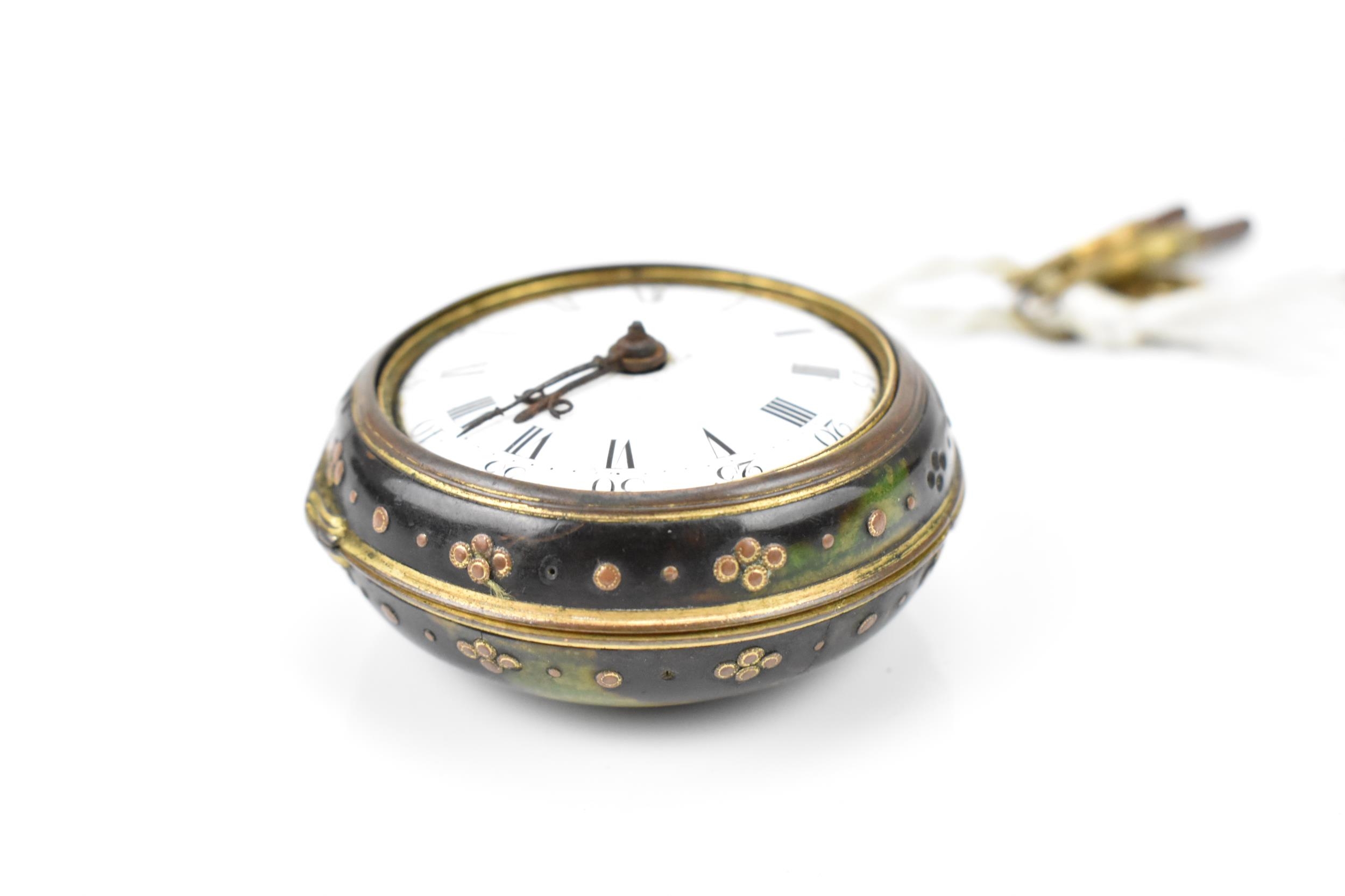 An 18th century tortoiseshell pair cased open face pocket watch, the white enamel dial having - Image 2 of 7