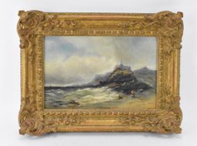 Continental School, 19th century depicting a seascape with figures walking with their dog by a