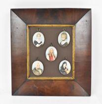 A group of five George III period Irish portrait miniatures on ivory, to include: The Countess of