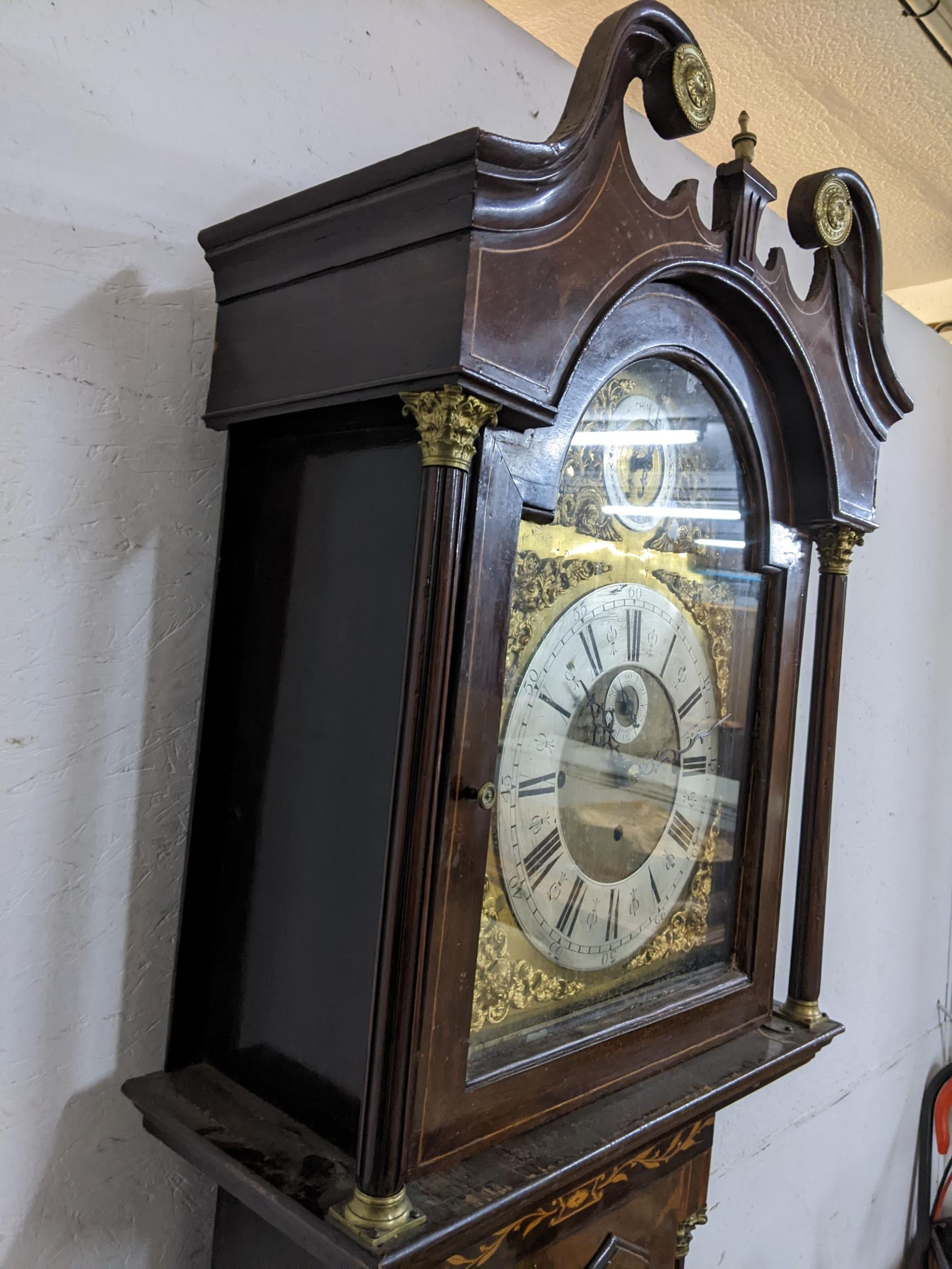 A George III mahogany musical longcase clock, the case having a broken swan neck pediment, marquetry - Image 6 of 10