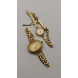 Two ladies manual wind wrist watches to include a 9ct gold Tissot watch on a 9ct gold sea shell