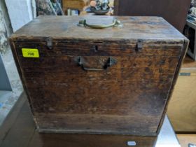 An oak engineer's tool chest with two short and three long drawers with sliding front, containing
