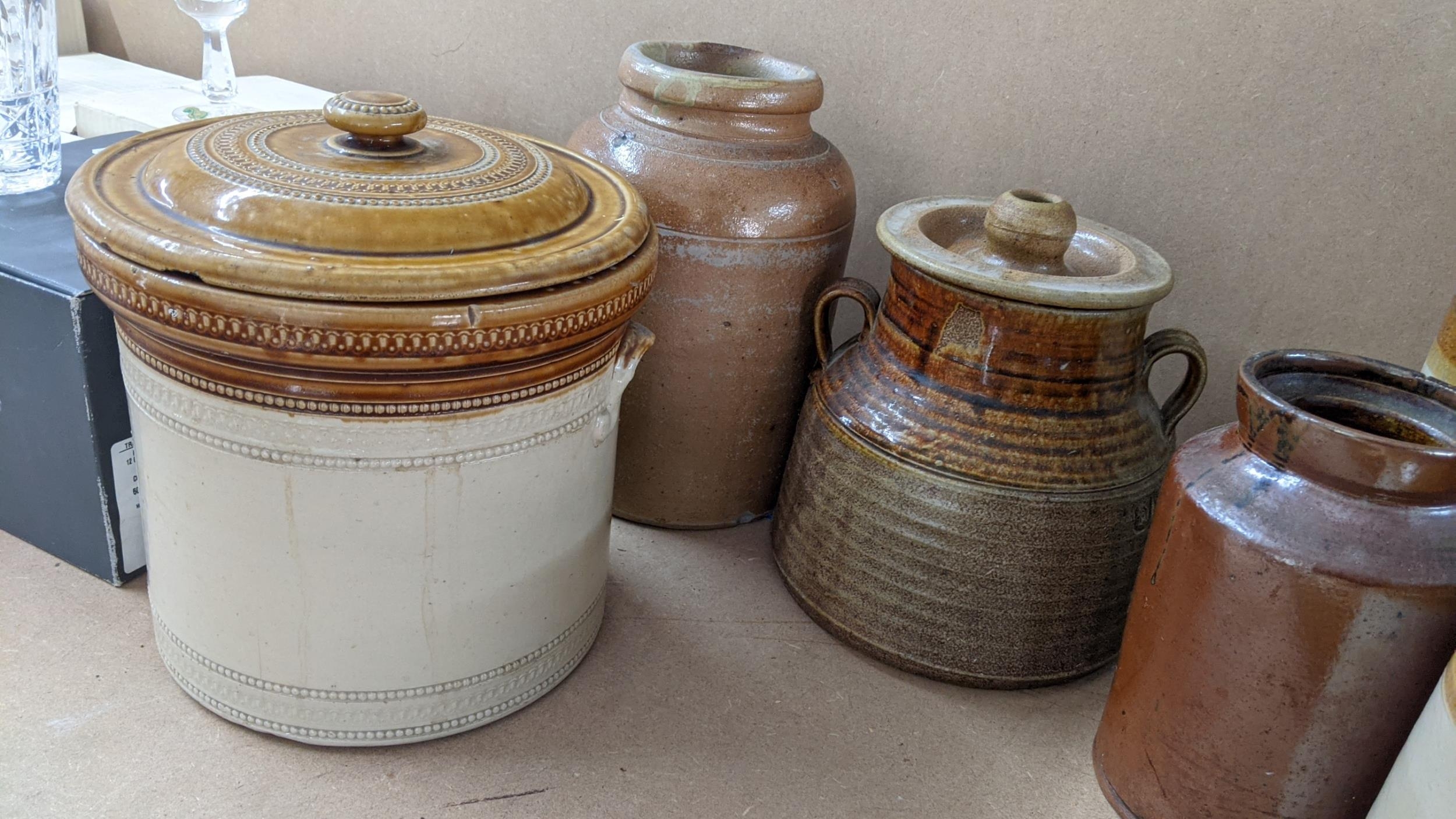A collection of stoneware to include flagons and a Grosvenor crockpot Location: - Image 2 of 3