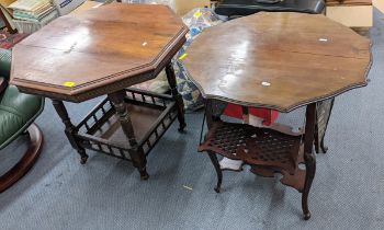 Two late 19th/early 20th century mahogany octagonal topped two tier tables, one having four drop-