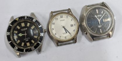 Three gents Citizen wristwatches to include a Cosmotron day date stainless steel watch Location:
