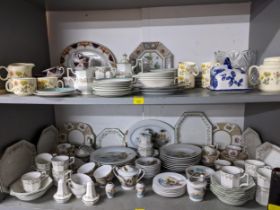 A selection of table wares to include Japanese tea sets, Johnson Bros eternal bow pattern dinner set
