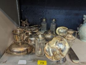 Silver and silver plate to include lidded dishes, a small glass vase having silver top, dressing