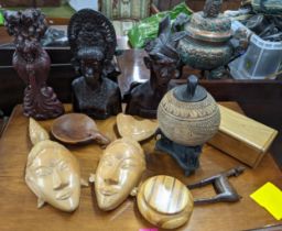 A group of treen items to include African busts, boxes and masks and other items Location: A2B