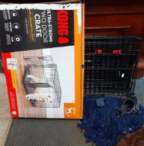 Two portable wire dog crates, hardly used, with inset trays together with dog accessories Location:G