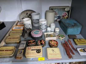 A mixed lot to include vintage tins, Scottish pottery marmalade jars, matchboxes with matches, boxed