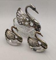 Three white metal and crystal cut glass pots fashioned as swans with white metal hinged wings