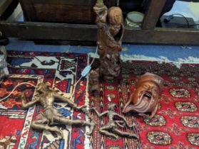 Mixed treen to include an oriental carved figure lamp A/F, a carved face mask and others Location: