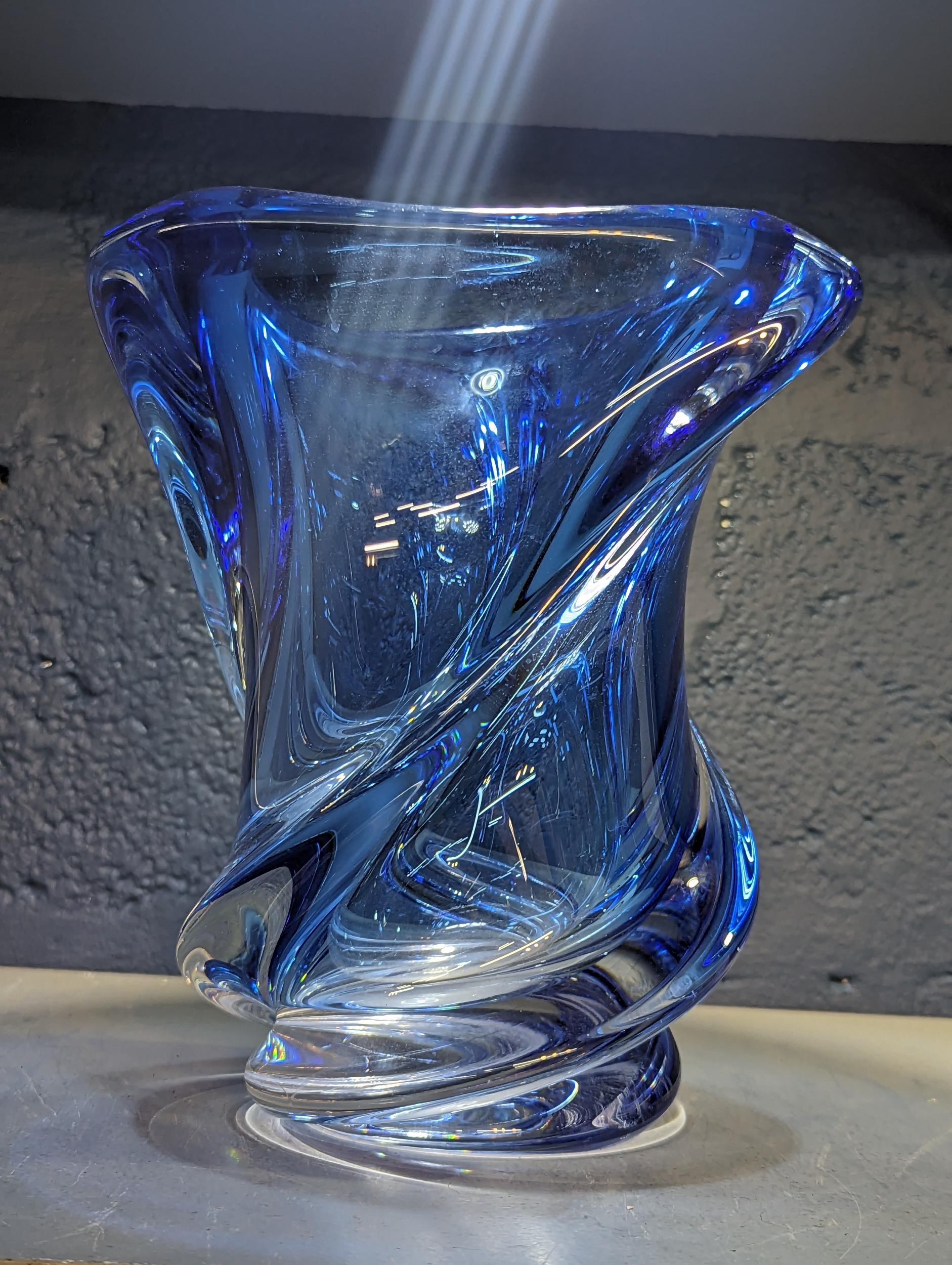 Val Saint Lambert signed blue crystal 'Twist' vase 24cm x 19cm Location: