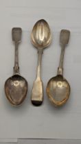 Three silver fiddle pattern dessert spoons hallmarked London 1857, total weight: 141.3g Location: