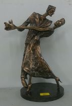 A bronze sculpture by Yves Lohe of a couple dancing raised on a circular plinth, signed 'Lohe', 39.