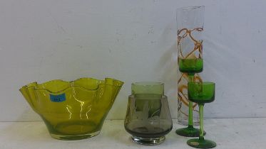 Glassware to include two Wedgwood tealight holders, an Anthony Stern style vase, a bowl and two