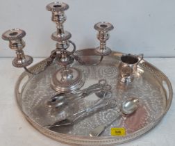 Silver plate to include a tray, a candelabra, servers, and a spoon Location:Rostrum