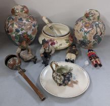 A mixed lot to include Buddhist prayer wheel, German figures, Royal Bonn bowl and other items