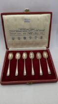 A boxed set of six rat tail pattern silver tea spoons hallmarked Birmingham 1953 total weight 78.