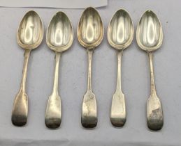 Five silver fiddle pattern tea spoons, total weight 110.6g Location: