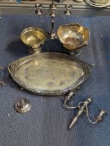 Silver plated items to include an ice bucket having lion mask handles, large tray, three arm