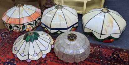 Five lampshades to include four Tiffany style shades with coloured glass panels Location: