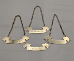 Four silver decanter labels, one A/F to include 'Cream Sherry', 'Brandy', 'Bacardi', and one other