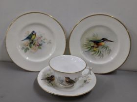 A Royal Worcester cup and saucer and two cabinet plates by H.Powell, painted with birds, and gilt