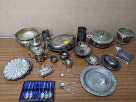 A collection of silver plated items to include a tureen, Japanese antimony box and other items