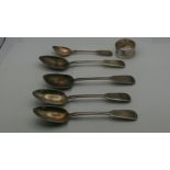 Four fiddle pattern Exeter 1860 dessert spoons together with a silver napkin ring, a teaspoon, total