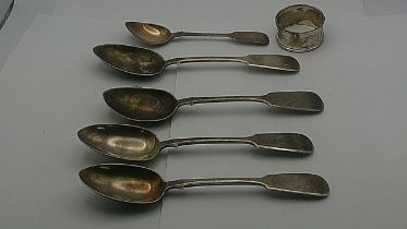 Four fiddle pattern Exeter 1860 dessert spoons together with a silver napkin ring, a teaspoon, total