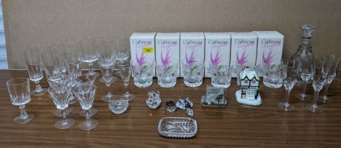 A mixed lot of glassware to include six boxed Caithness cut glass tumblers, etched decoration to